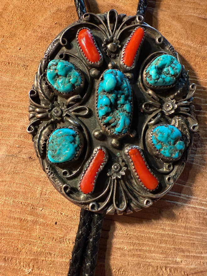 Turquoise & Coral Navajo Bolo Tie