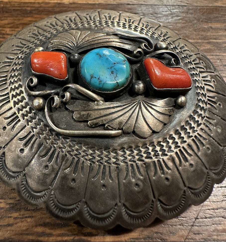 Turquoise Coral Silver Belt Buckle