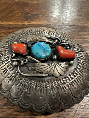 Turquoise Coral Silver Belt Buckle