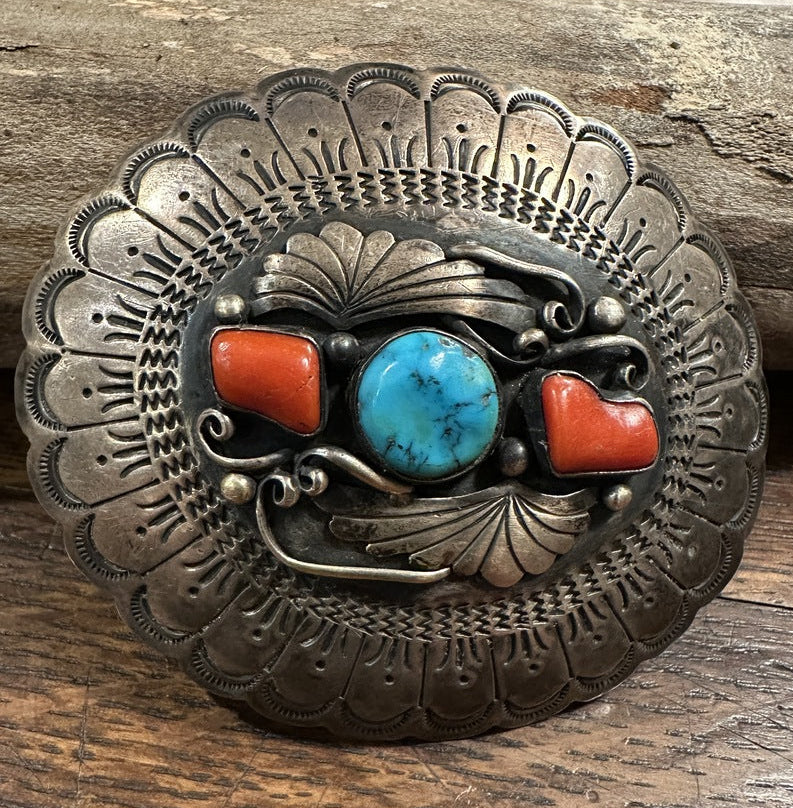 Turquoise Coral Silver Belt Buckle