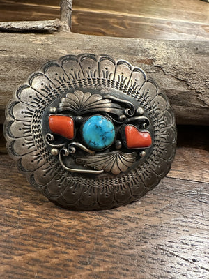 Turquoise Coral Silver Belt Buckle