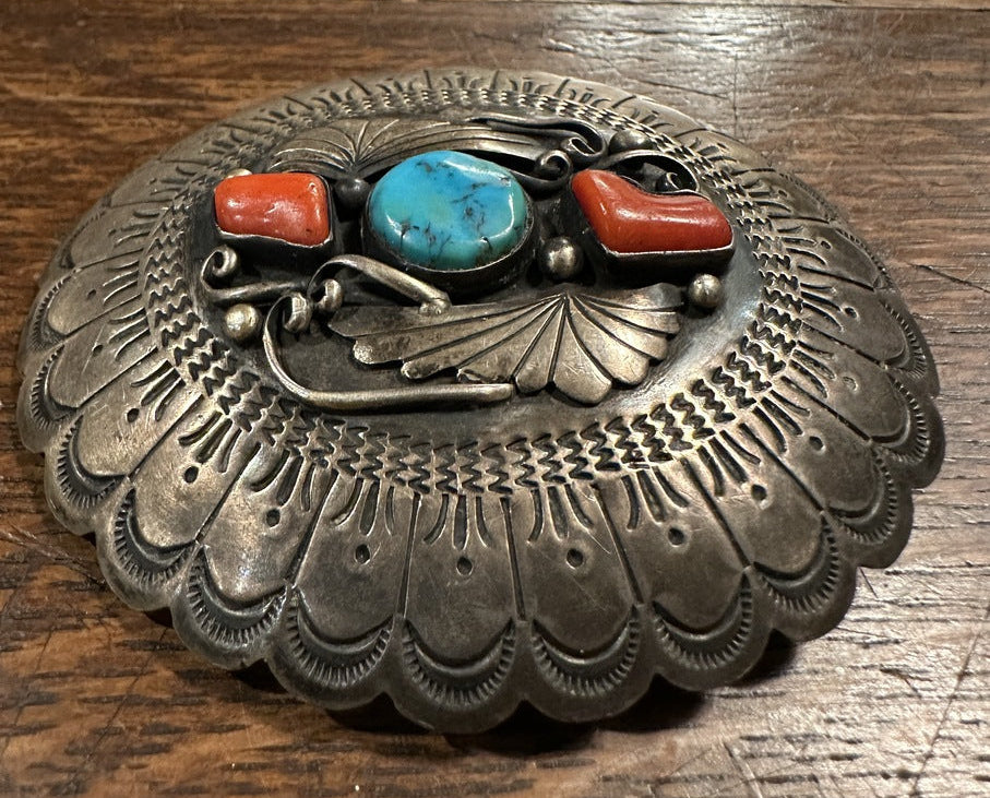 Turquoise Coral Silver Belt Buckle