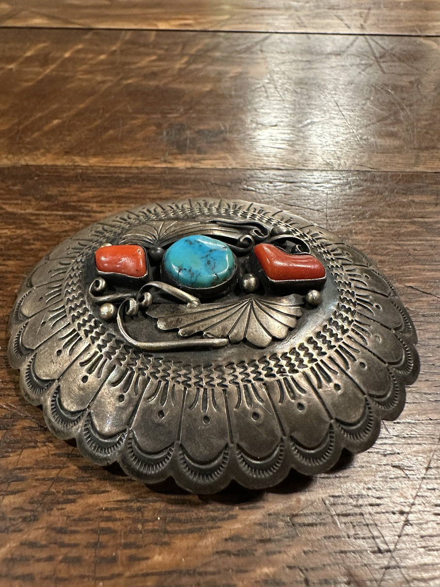 Turquoise Coral Silver Belt Buckle