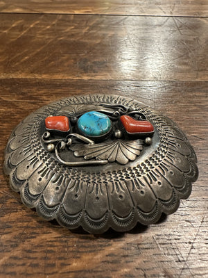 Turquoise Coral Silver Belt Buckle