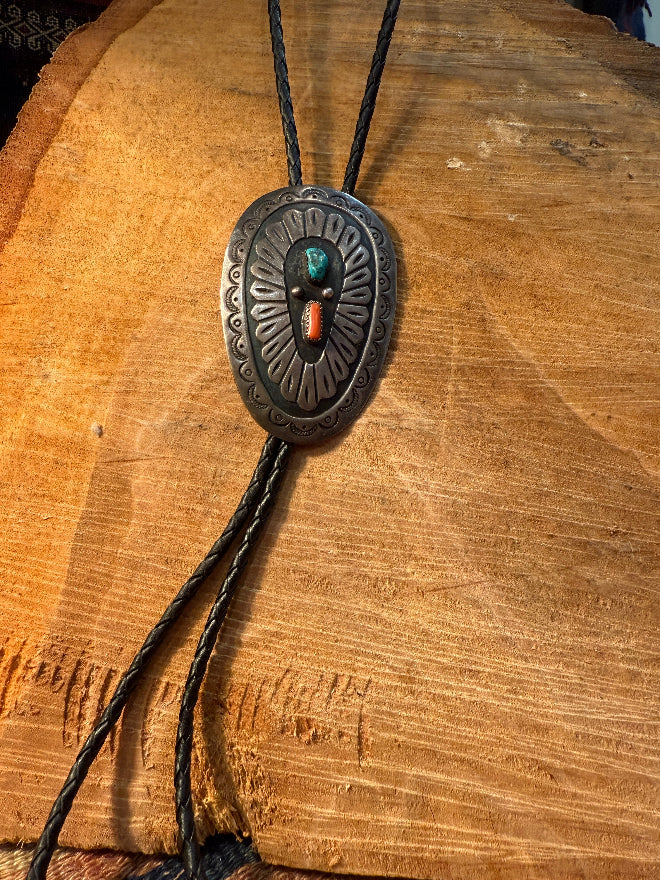 Turquoise & Coral Silver Bolo Tie