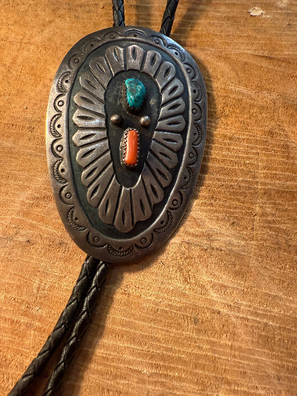 Turquoise & Coral Silver Bolo Tie