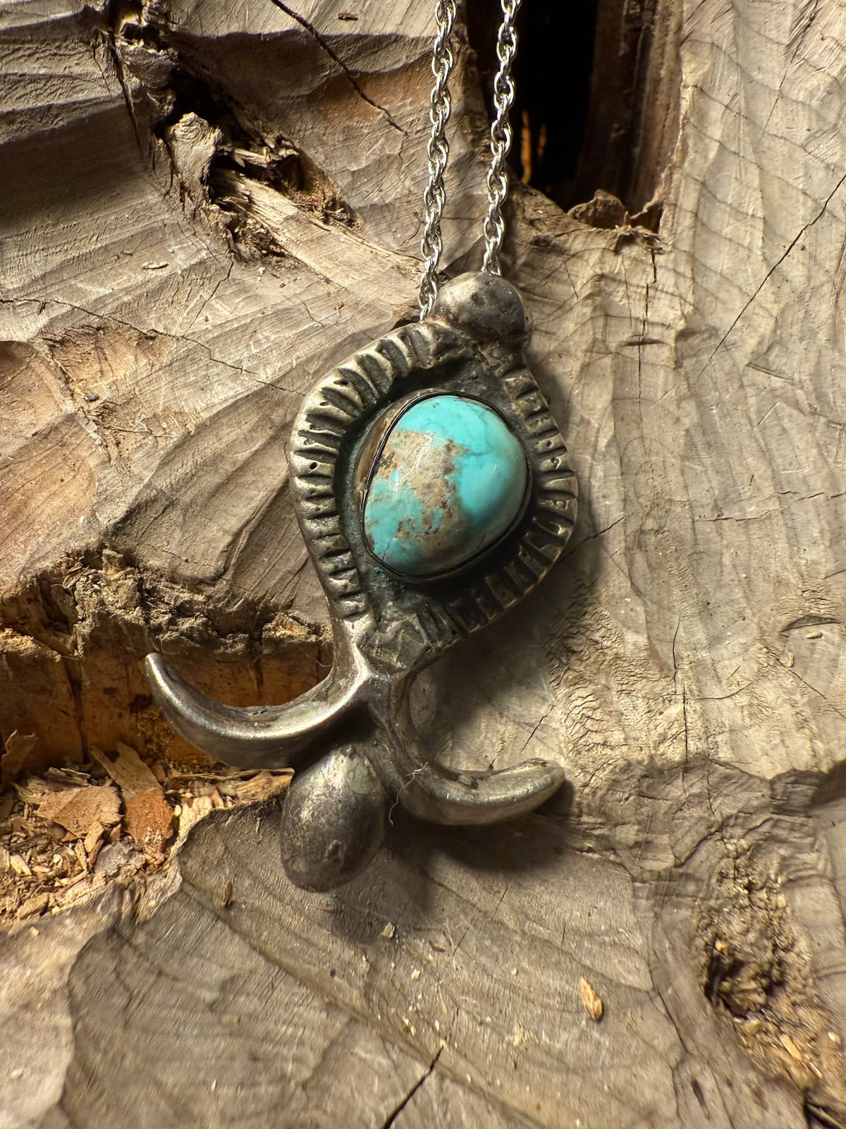 Turquoise Sand-Cast Squash Blossom Pendant Necklace