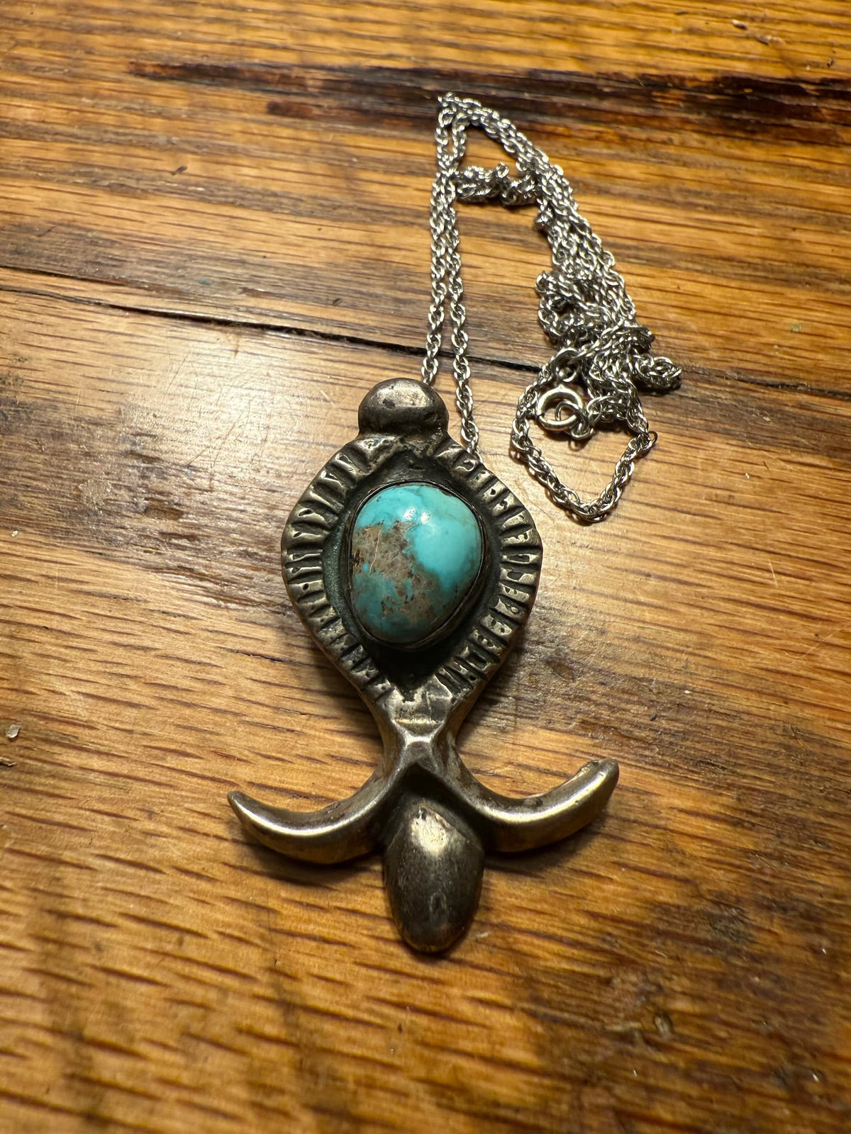 Turquoise Sand-Cast Squash Blossom Pendant Necklace