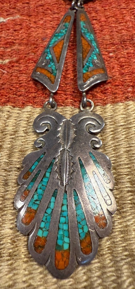 Turquoise and Coral 5 Segment Inlay Necklace