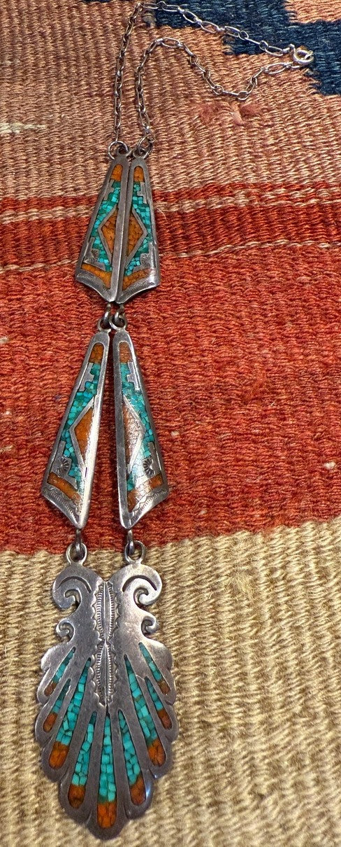 Turquoise and Coral 5 Segment Inlay Necklace