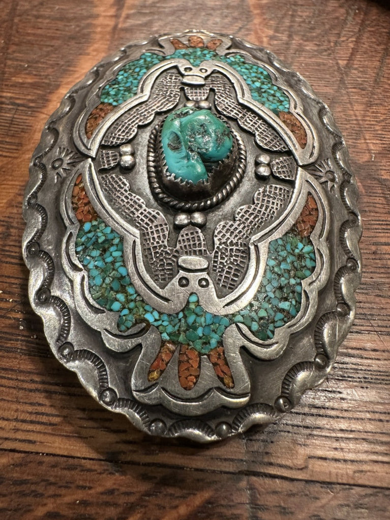 ネイティブ・アメリカン ベアクロー・ターコイズ・コーラル装飾アンティークバックル Turquoise-and-Coral-Belt-