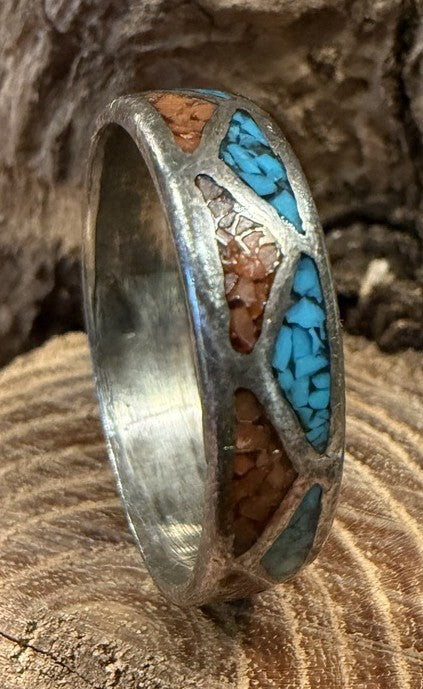 Turquoise and Coral Inlay Ring