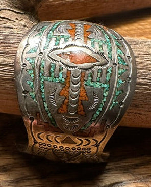 Vintage Water Bird Turquoise Coral Chip Inlay Bracelet