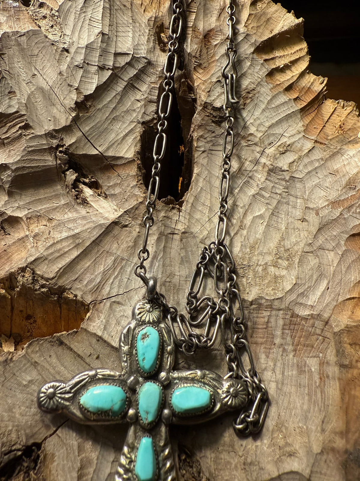 Zuni Sandcast Silver Turquoise Cross Necklace