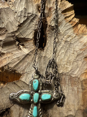 Zuni Sandcast Silver Turquoise Cross Necklace