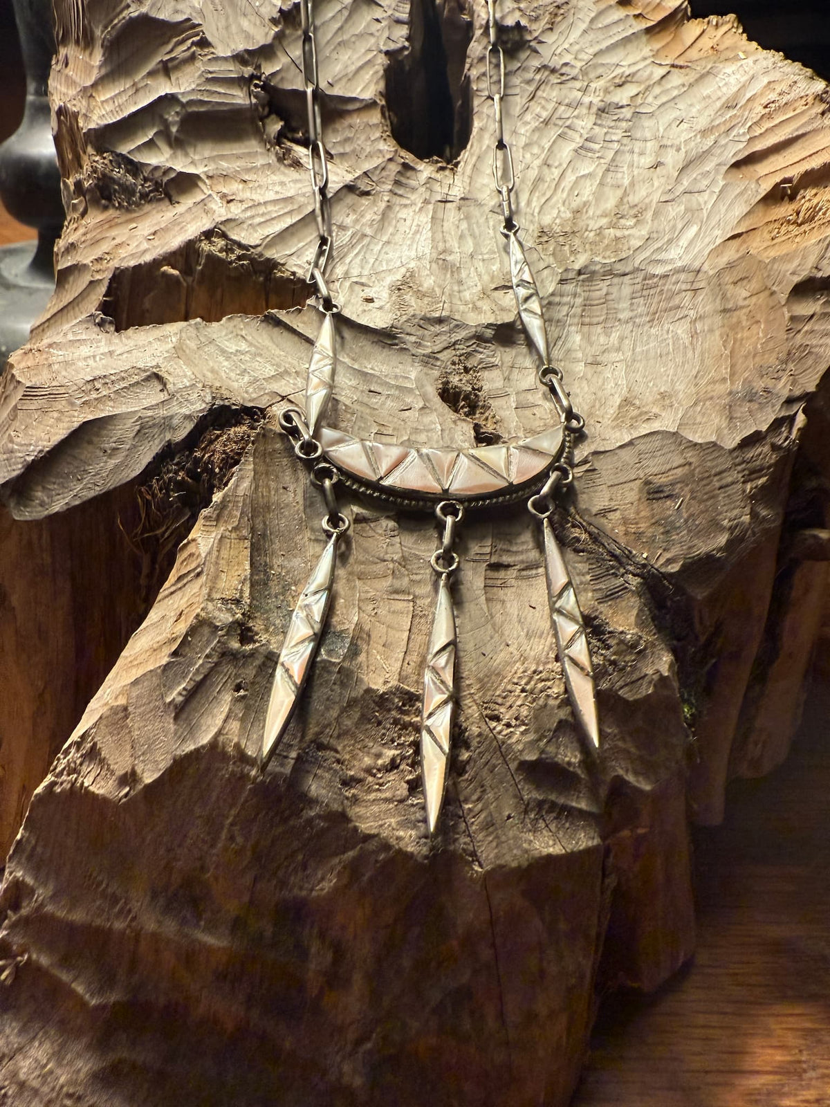 Zuni Silver Crescent & Triple Dangle Necklace